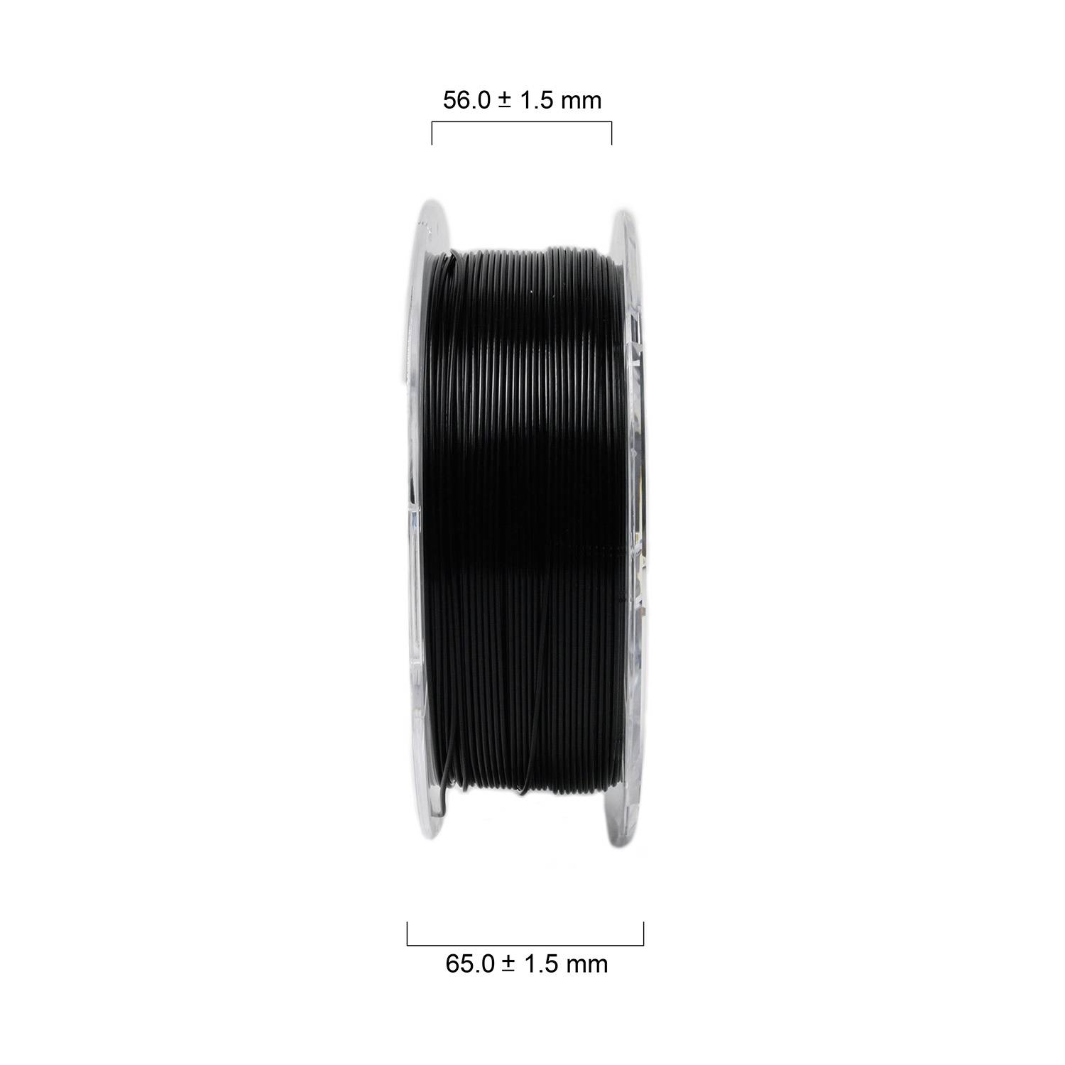 Schwarze Kunststoffspule mit Draht, Durchmesserangaben: 56,0 ± 1,5 mm und 65,0 ± 1,5 mm. Draufsicht auf die Spule.