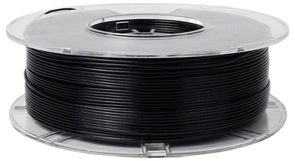 Eine Rolle schwarzes Filament für 3D-Drucker, dicht aufgewickelt und auf einer transparenten Spule präsentiert.