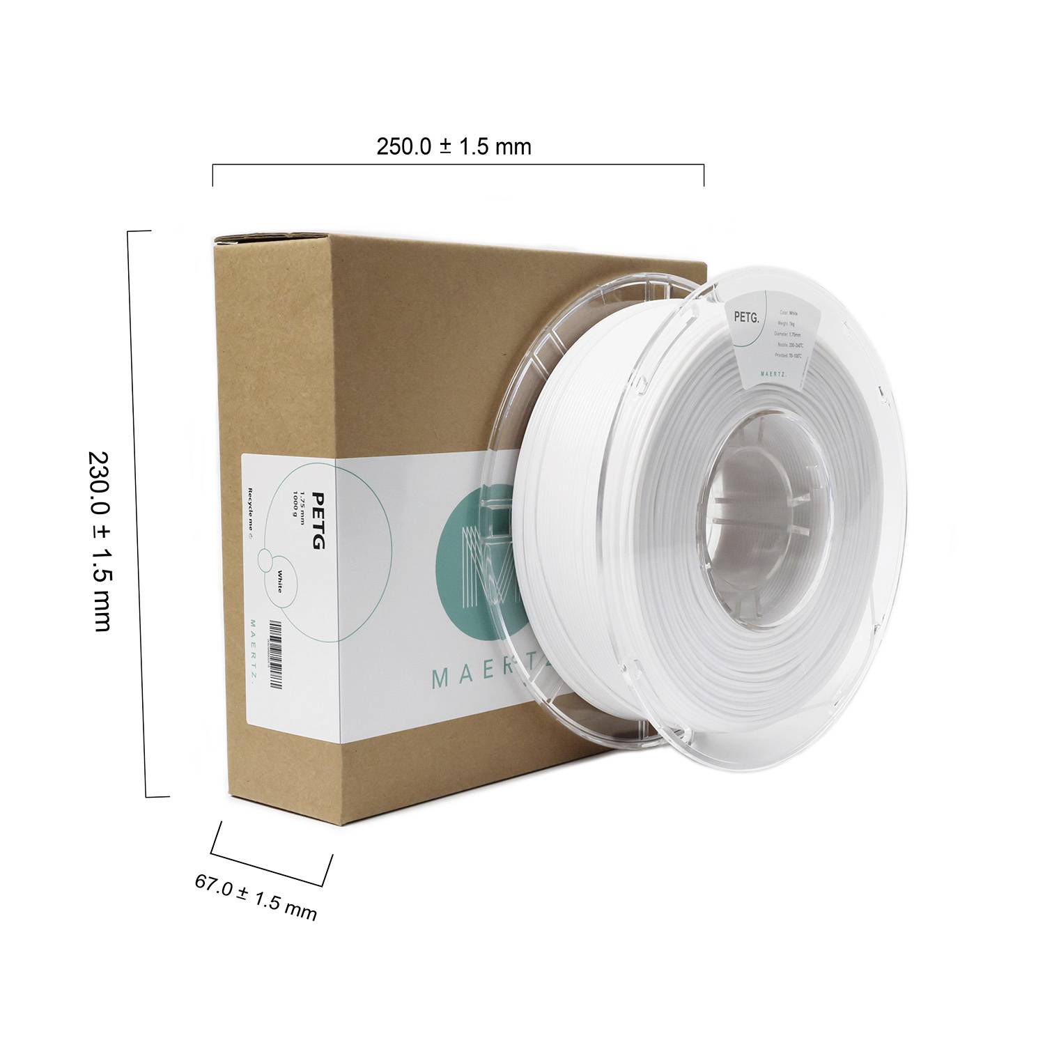 Eine weiße Spule von PETG-Filament für 3D-Drucker neben der Verpackung. Maße der Spule: 250 mm Durchmesser, 230 mm Höhe, 67 mm Breite.