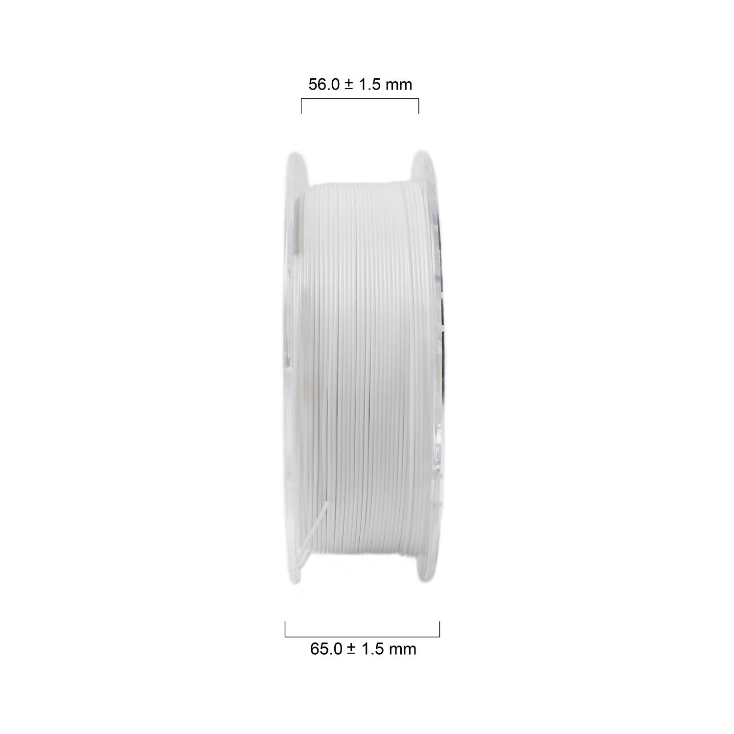 Seitliche Ansicht einer transparenten Kunststoffspule mit weißem Filament. Durchmesser und Breite mit Maßen: 56 mm und 65 mm.