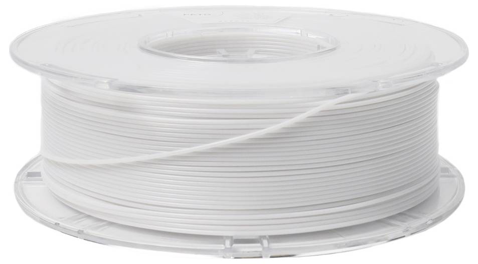 Eine durchsichtige Plastikspule aufgewickelt mit weißem 3D-Drucker-Filament, vor einem weißen Hintergrund.