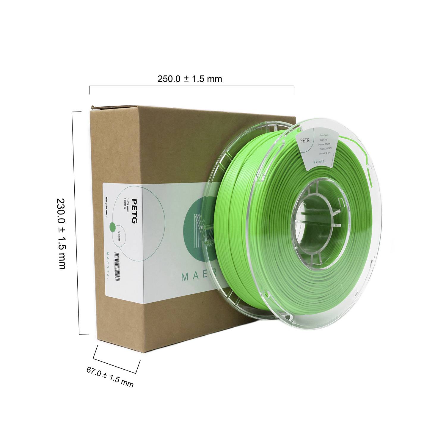 Grüne PETG-Filamentrolle mit Abmessungen: 250 mm Durchmesser, 67 mm Breite. Verpackung mit Aufschrift 'PETG', Maße 230 mm Höhe.