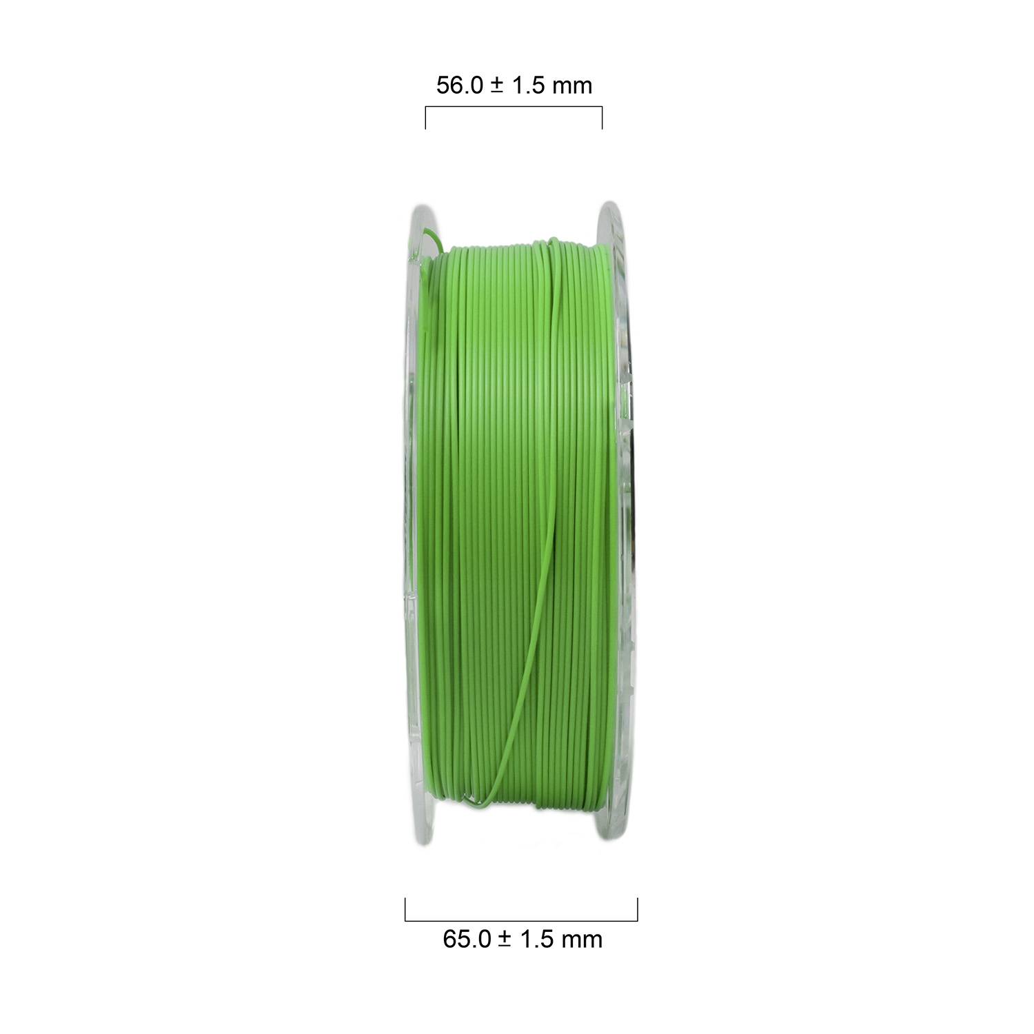 Eine Spule mit grünem Filament, Durchmesserangaben: Breite 65 mm, Höhe 56 mm. Klarer Kunststoff und gleichmäßig gewickeltes Material.