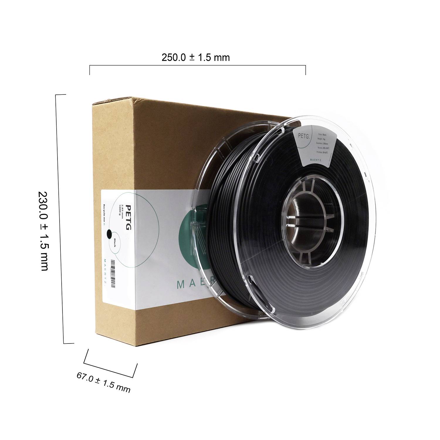 Schwarze PETG-Filamentspule für 3D-Drucker neben Kartonverpackung, Abmessungen: 250x230x67 mm.