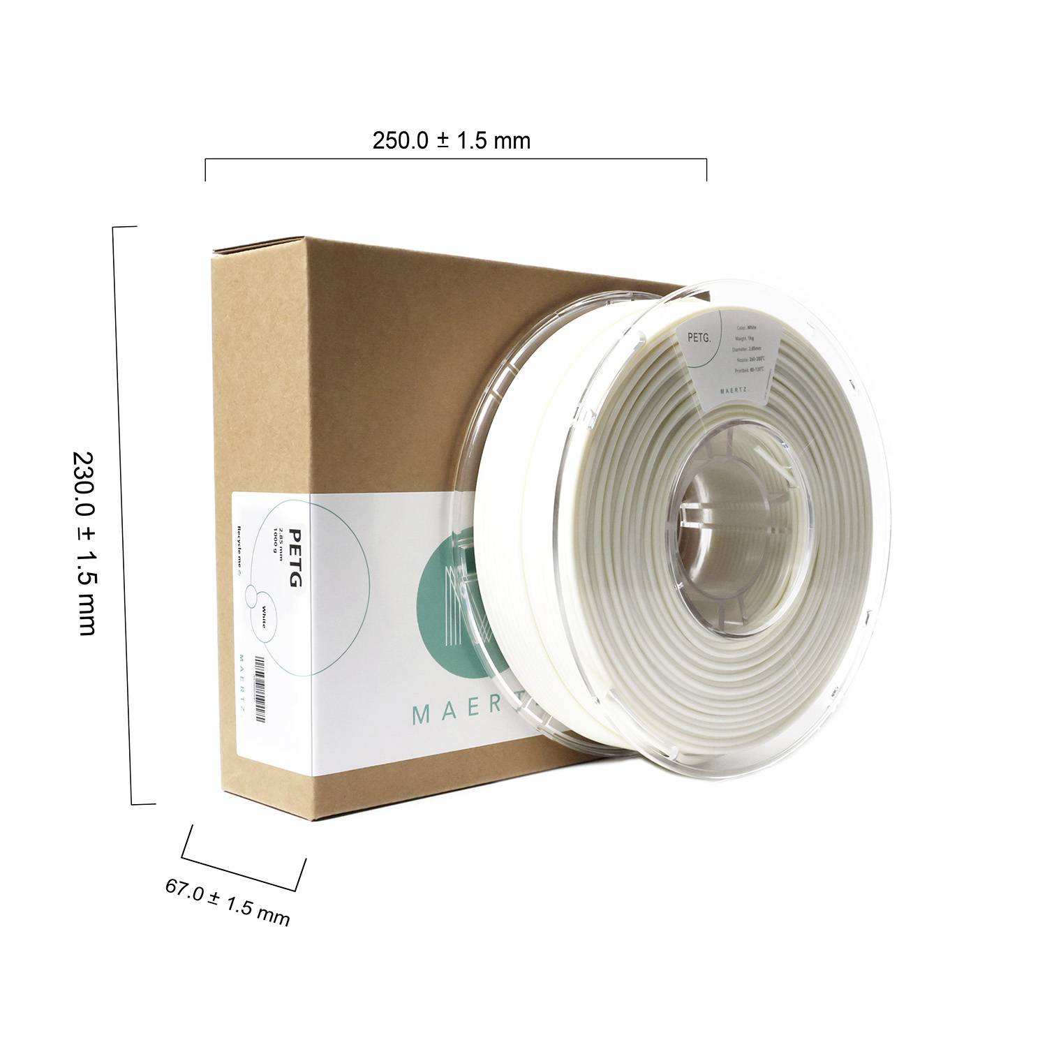 Eine Rolle weißes 3D-Druckerfilament (PETG) in transparenter Verpackung mit Kartonschachtel. Maße: Durchmesser 250 mm, Breite 67 mm, Höhe 230 mm.