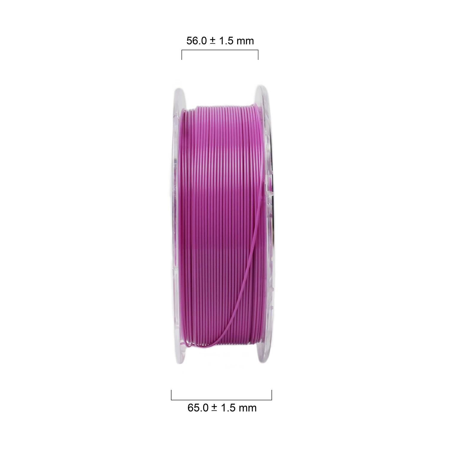 Lila Kunststoffspule mit Maßen: Durchmesser 65,0 ± 1,5 mm, Breite 56,0 ± 1,5 mm.