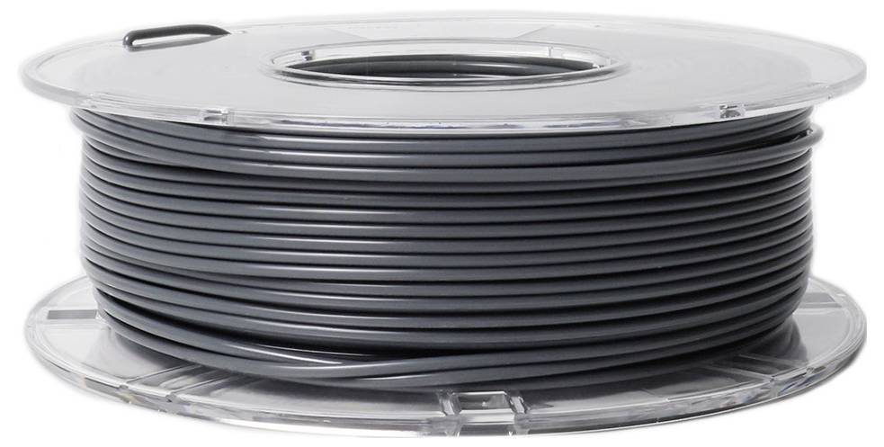 Eine Rolle mit dunkelgrauem Filament für 3D-Drucker.
