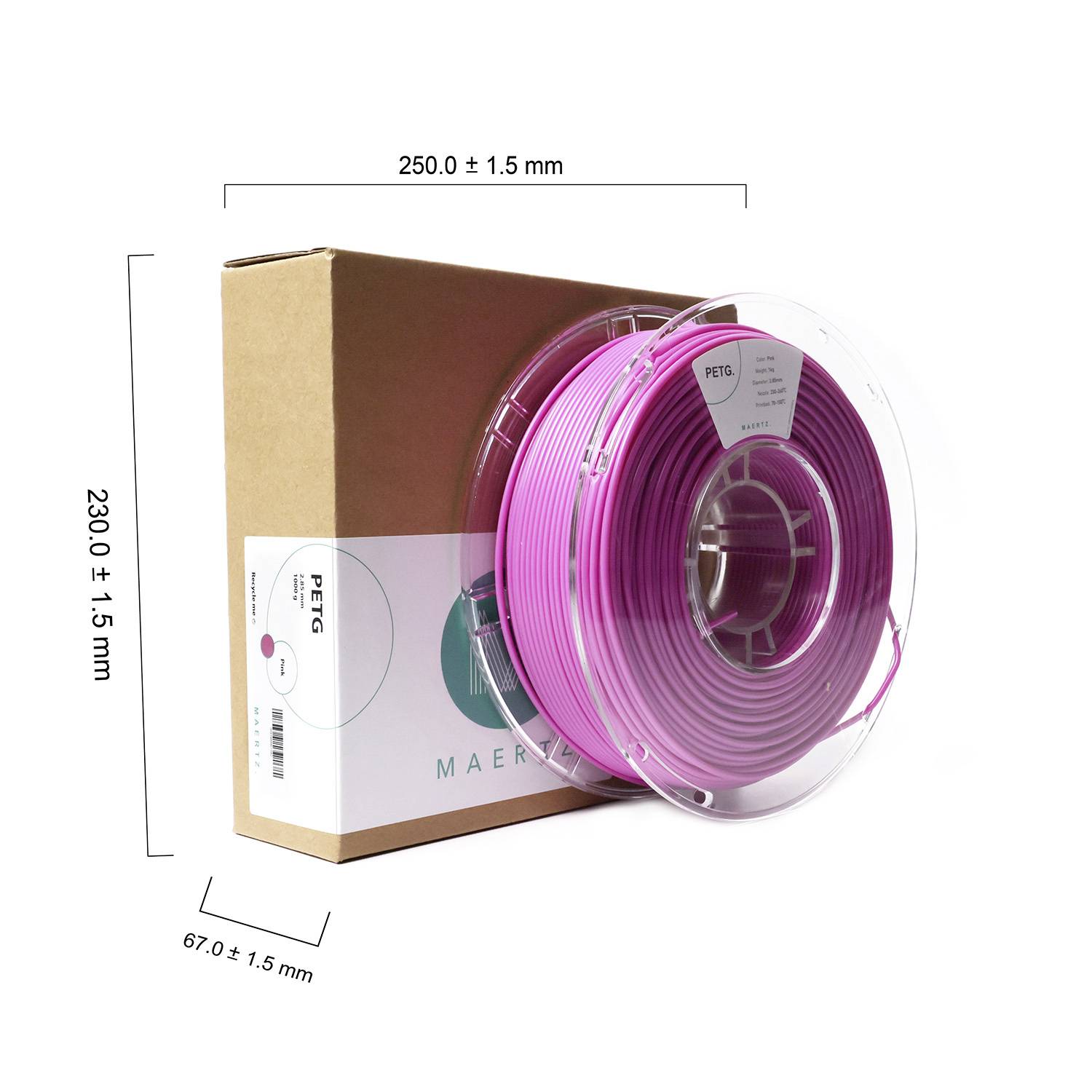Lila 3D-Drucker-Filament auf Spule neben brauner Verpackung. Maße 250 x 230 x 67 mm. Filament aus PETG-Material.