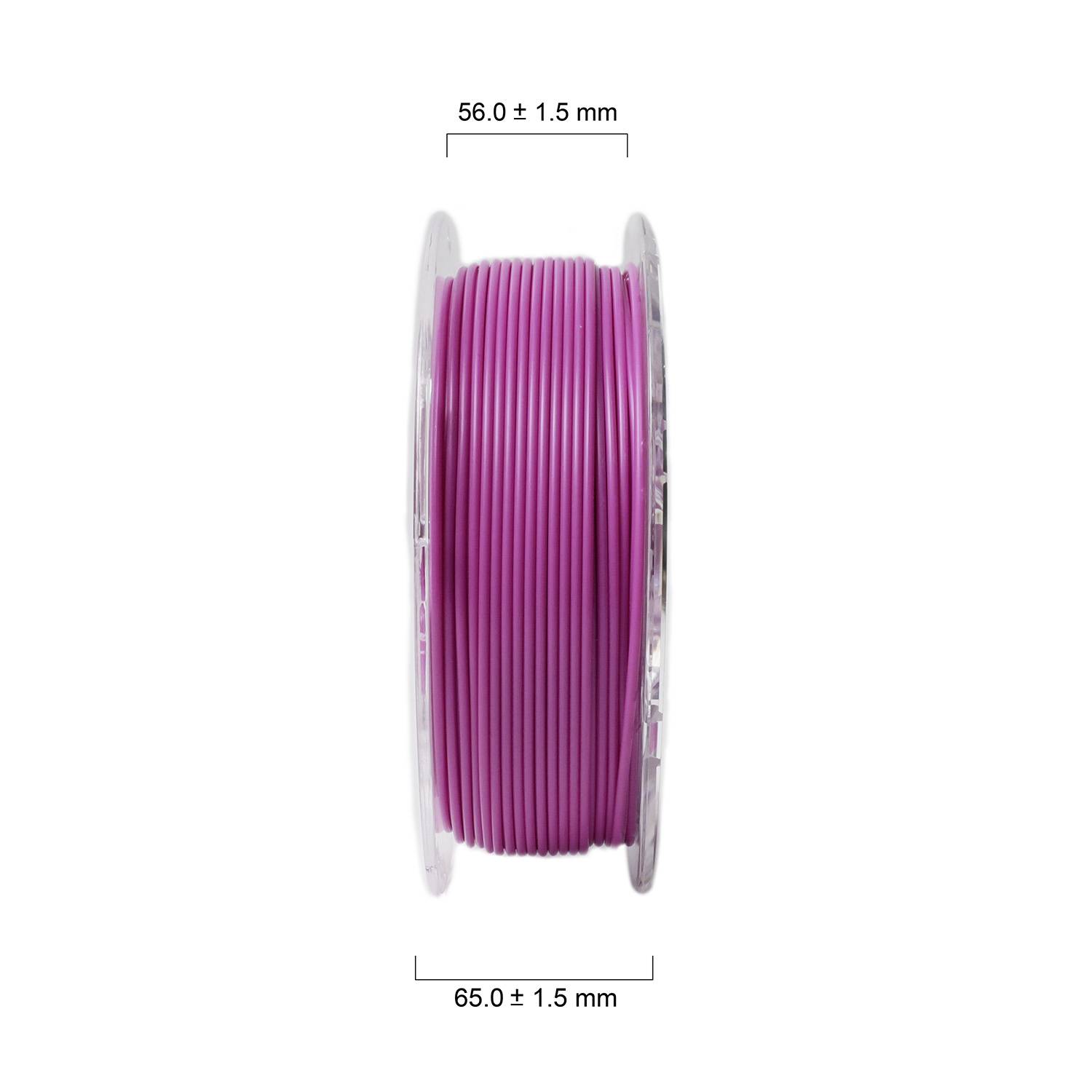 Lila Filamentspule, seitlich sichtbar, mit Maßen: Durchmesser 65,0 ± 1,5 mm, Breite 56,0 ± 1,5 mm.