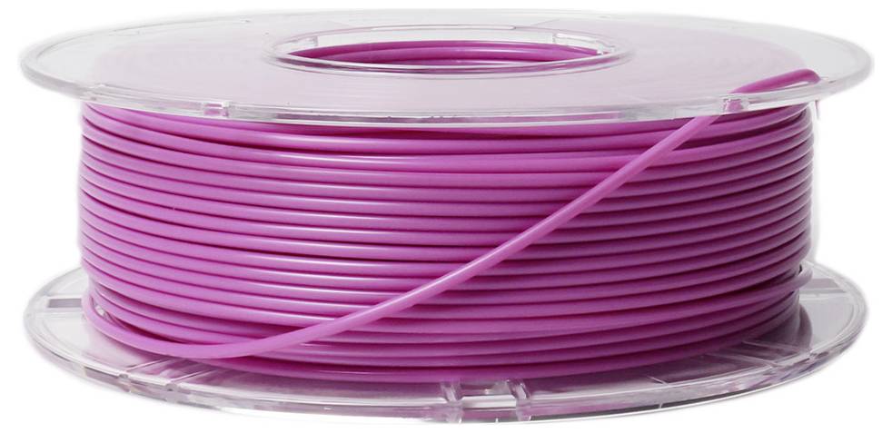 Eine rote Spule mit Filament, verwendet für 3D-Drucker, liegt auf einer transparenten Rolle.