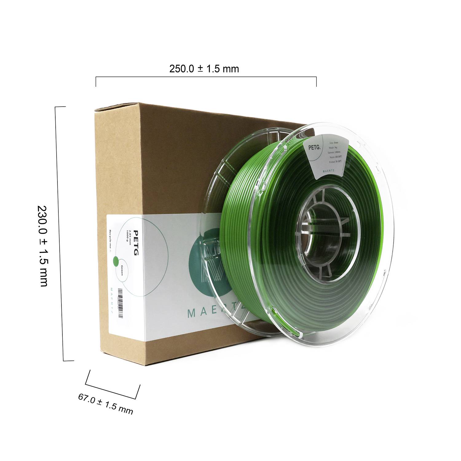 Eine Spule mit grünem PETG-Filament liegt vor einer Verpackung. Abmessungen der Verpackung: 250 x 230 x 67 mm.