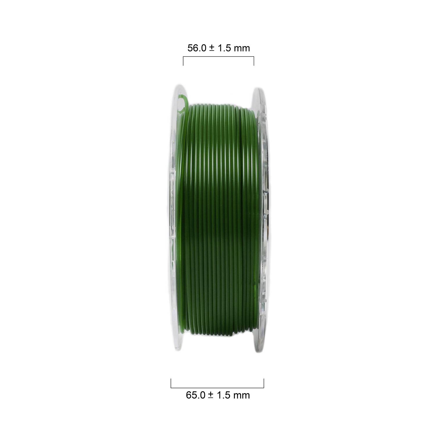 'Grüne Filamentspule mit Breite 56,0 ± 1,5 mm und Durchmesser 65,0 ± 1,5 mm.'