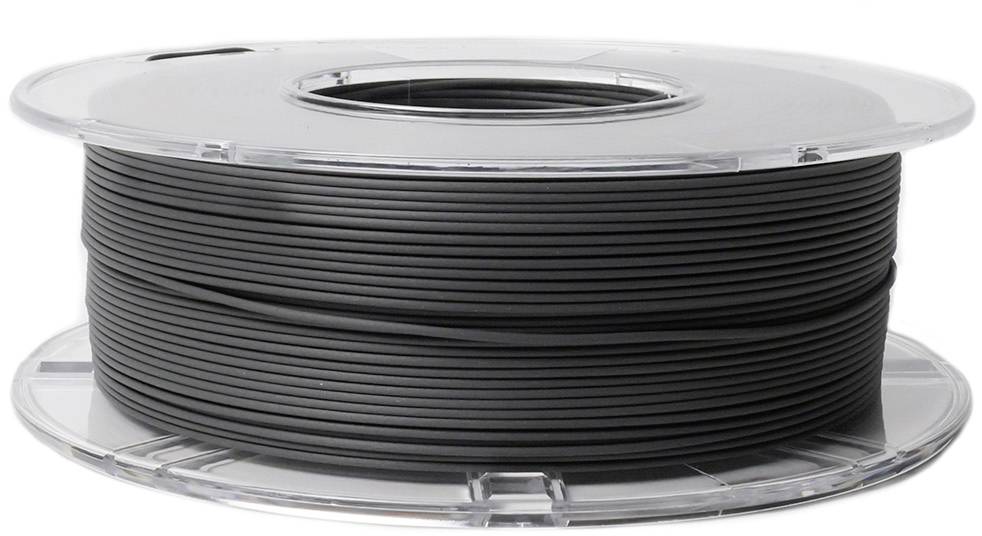 Schwarze Filamentrolle aus Plastik, auf Spule, für 3D-Drucker.