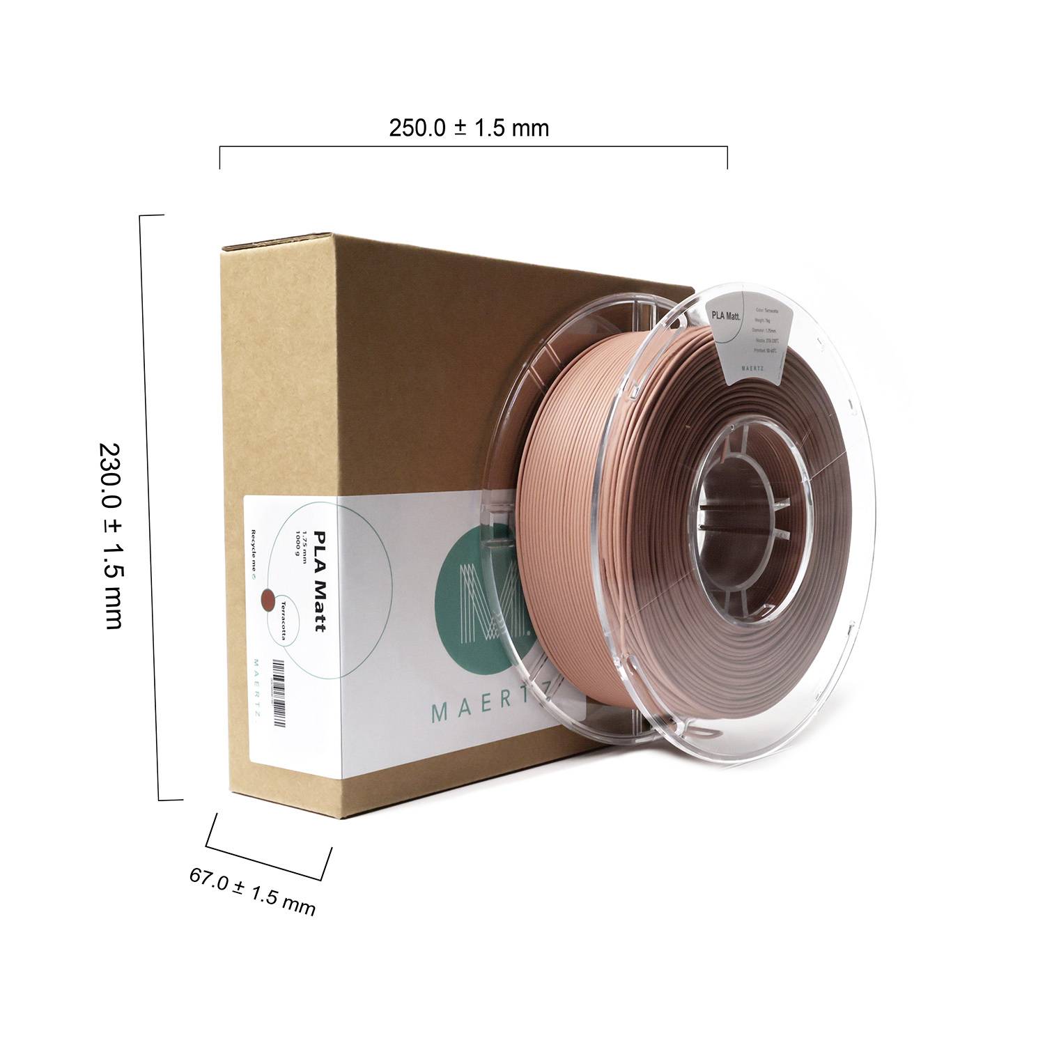 Verpackung einer Spule PLA-Material für 3D-Drucker, beige Farbe, Maße H 230 mm x B 250 mm x T 67 mm.