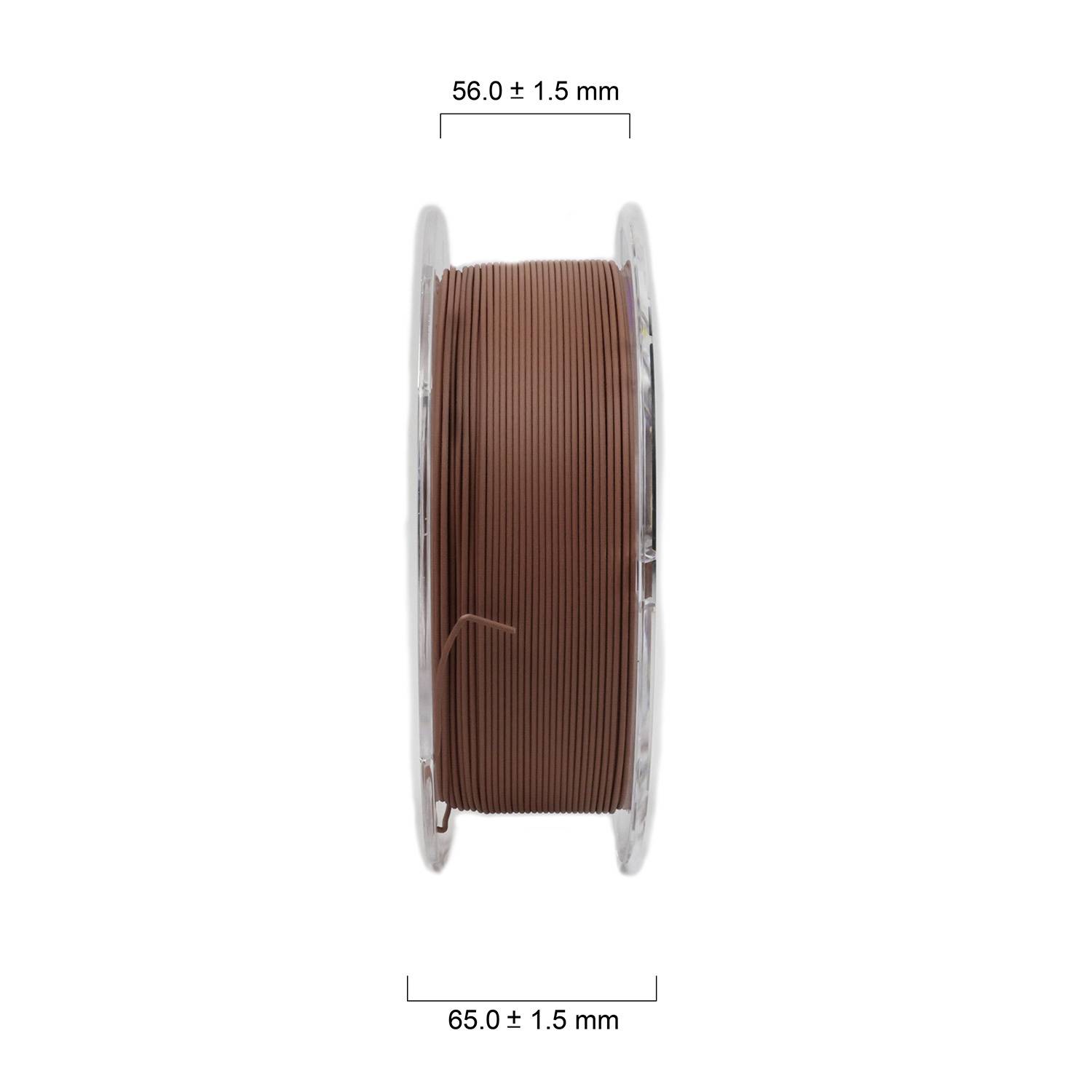 Brauner Filament auf durchsichtiger Spule, Maße: 56,0 ± 1,5 mm Höhe, 65,0 ± 1,5 mm Durchmesser.
