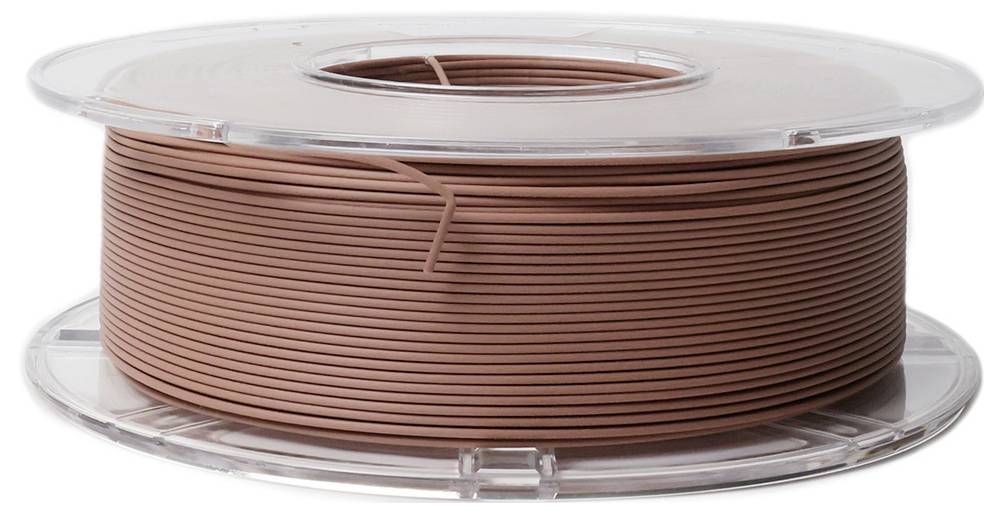 Eine Rolle braunes 3D-Drucker-Filament, das auf einer transparenten Spule aufgewickelt ist.