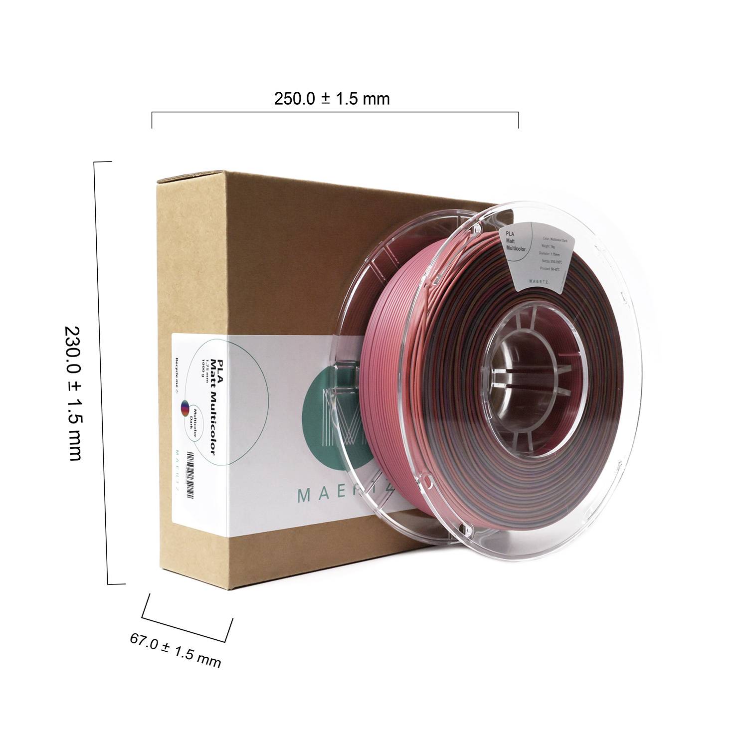 Kartonverpackung mit Rolle aus rotbraunem Filament. Maße: 250 x 230 x 67 mm. Geeignet für 3D-Drucker, Marke erkennbar.