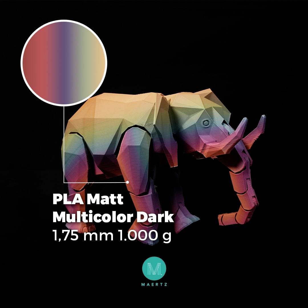 3D-gedruckter Elefant in Regenbogenfarben. Text: 'PLA Matt Multicolor Dark, 1,75 mm, 1.000 g'.