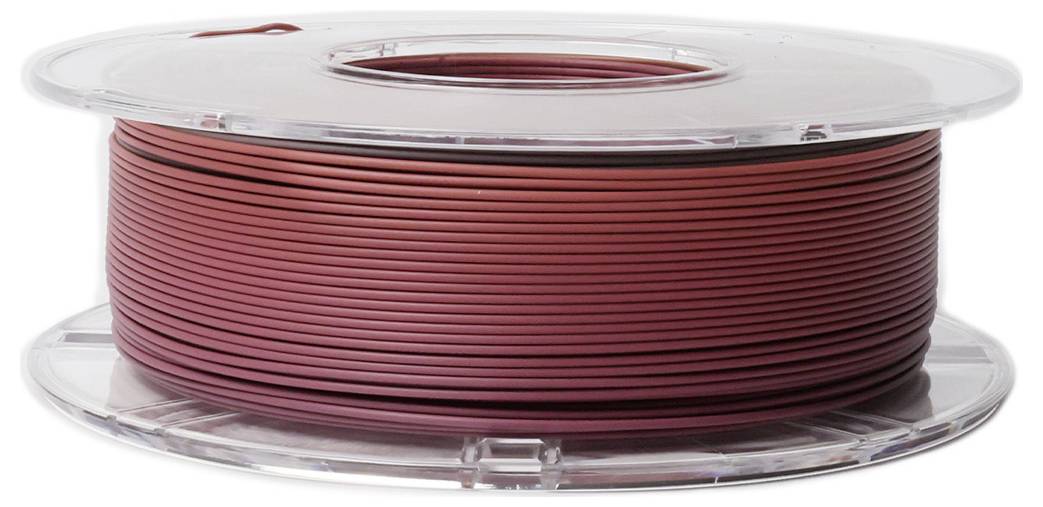 Eine Spule aus dunkelrotem 3D-Drucker-Filament, sauber gewickelt auf einer durchsichtigen Kunststoffspule.
