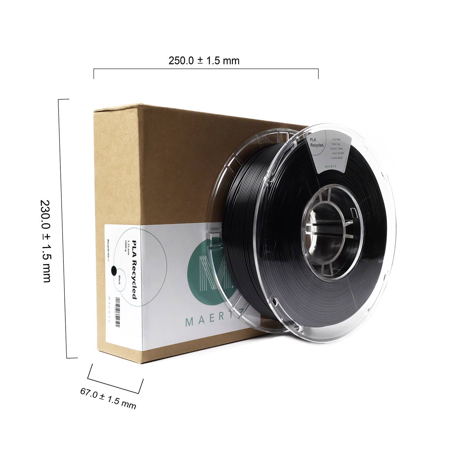 PLA-Filament-Rolle mit schwarzem Filament, Durchmesser 250 mm. Verpackt in braunem Karton, Abmessungen 230 x 67 mm.