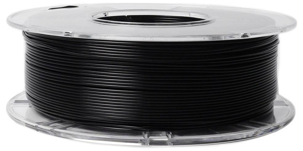 Eine Rolle mit schwarzem 3D-Drucker-Filament, aufgewickelt auf einer durchsichtigen Plastikspule.