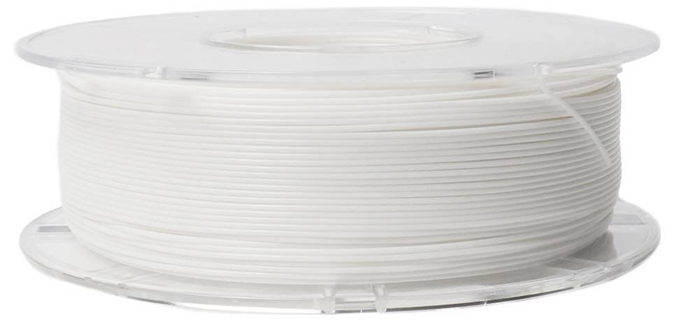 Eine Rolle weißes Filament für 3D-Drucker, auf einer transparenten Kunststoffspule gewickelt.