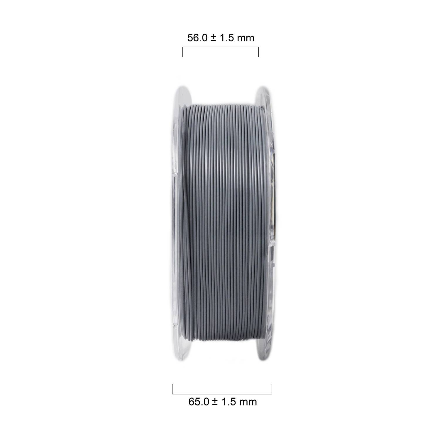 'Eine Spule mit grauem Draht, Durchmesser 56,0 ± 1,5 mm, Breite 65,0 ± 1,5 mm.'