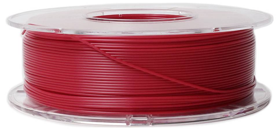 Rolle mit rotem 3D-Drucker-Filament, auf einem transparenten Spulenkern aufgewickelt, bereit zur Verwendung im 3D-Druck.