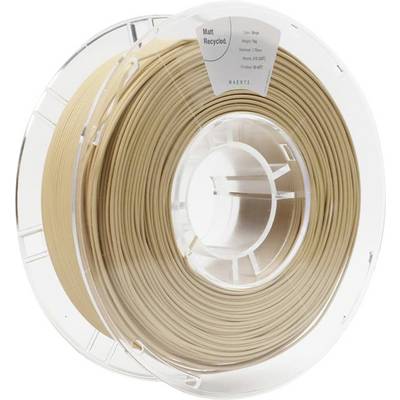 Eine Rolle beigefarbenes Recycling-3D-Druckmaterial auf transparenter Spule, etikettiert als "Matt Recycled".