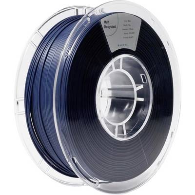 Spule mit dunkelblauem Recycling-Filament für 3D-Druck. Etikett mit Angaben zu Materialspezifikationen.