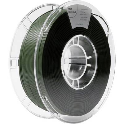 Eine transparente Spule mit grünem, recyceltem Filament für 3D-Drucker, etikettiert mit 'Matt Recycled' und technischen Daten.