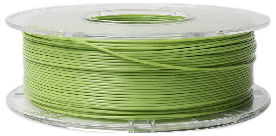 Eine Rolle grünes 3D-Drucker-Filament, sauber auf einer transparenten Spule aufgewickelt, bereit zur Verwendung im 3D-Druck.