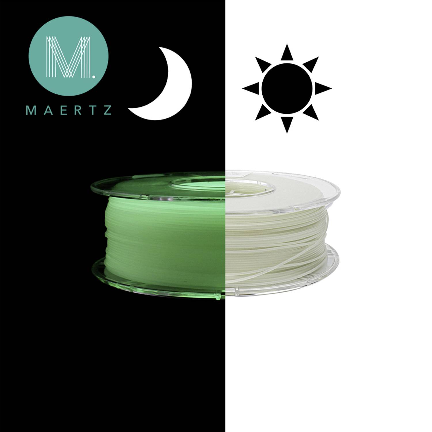 Halbes Bild mit Filament unter Tageslicht, andere Hälfte unter Dunkelheit. Logo 'MAERTZ' und Symbole: Mond links, Sonne rechts.