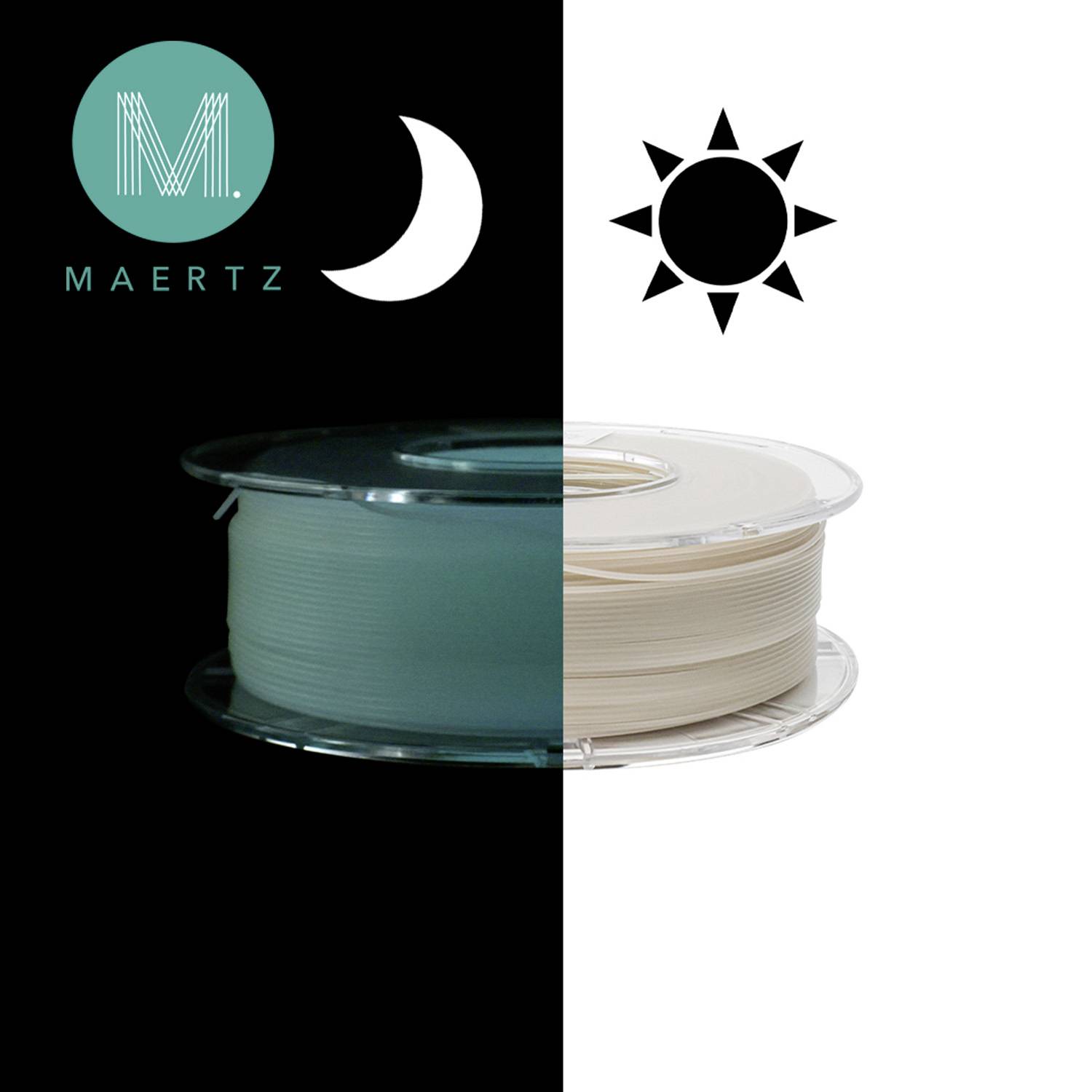 Zwei Spulen mit Filament, eine blau unter Mondlicht, die andere weiß im Sonnenlicht. Logo 'Maertz' oben links.
