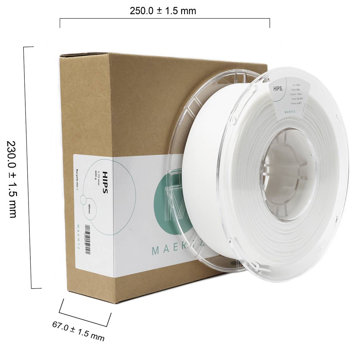 3D-Drucker-Filament, HIPS-Material, in weißer Spule verpackt, neben brauner Box mit Abmessungen: 230 mm x 250 mm x 67 mm.