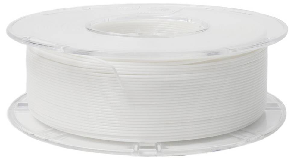 Eine Rolle weißes 3D-Druckerfilament aus Kunststoff, auf einer transparenten Spule aufgewickelt, auf einem weißen Hintergrund.