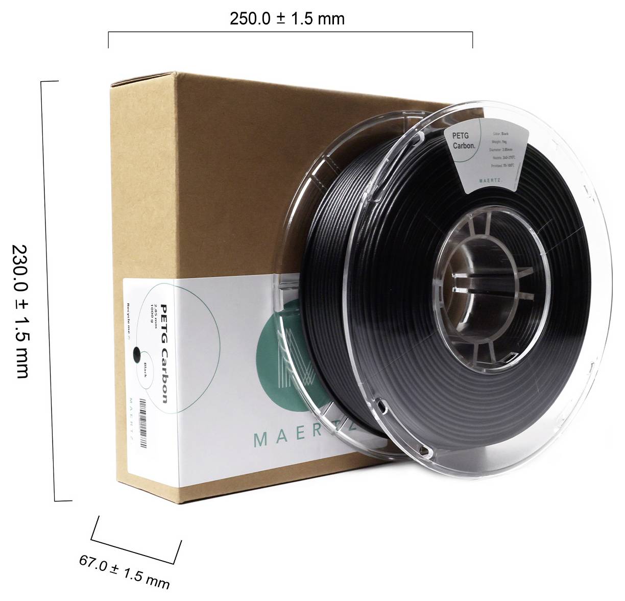 Schwarze Filamentspule aus PETG Carbon neben braunem Karton. Maße: 250x230x67 mm. Verpackung mit grünem Logo und Produktbeschreibung.