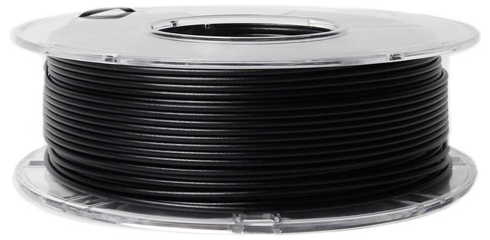 Eine Rolle schwarzes 3D-Druckerfilament mit durchsichtiger Plastikhülle.