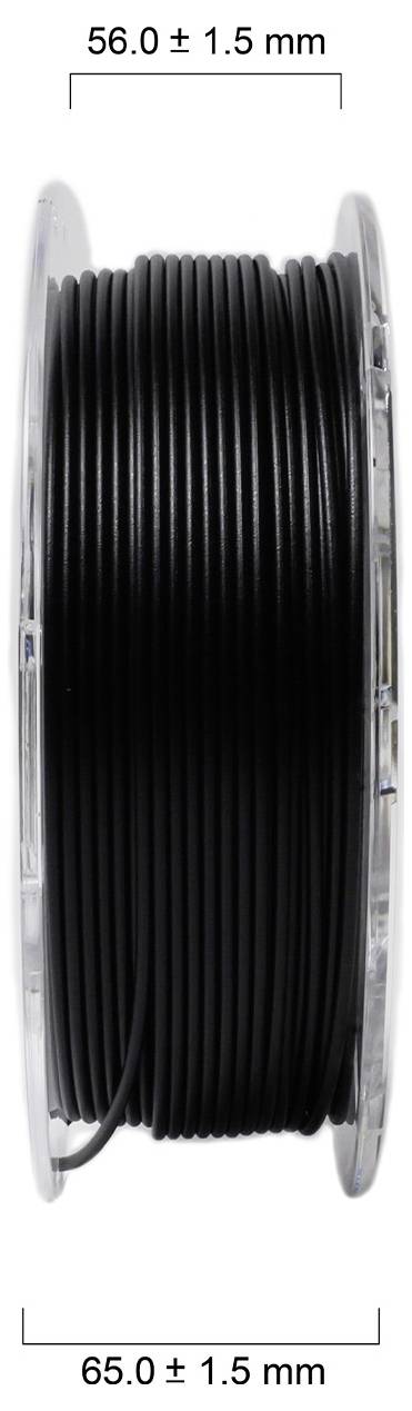 Schwarzes Filament auf einer Spule, 56 mm breit, 65 mm Durchmesser.