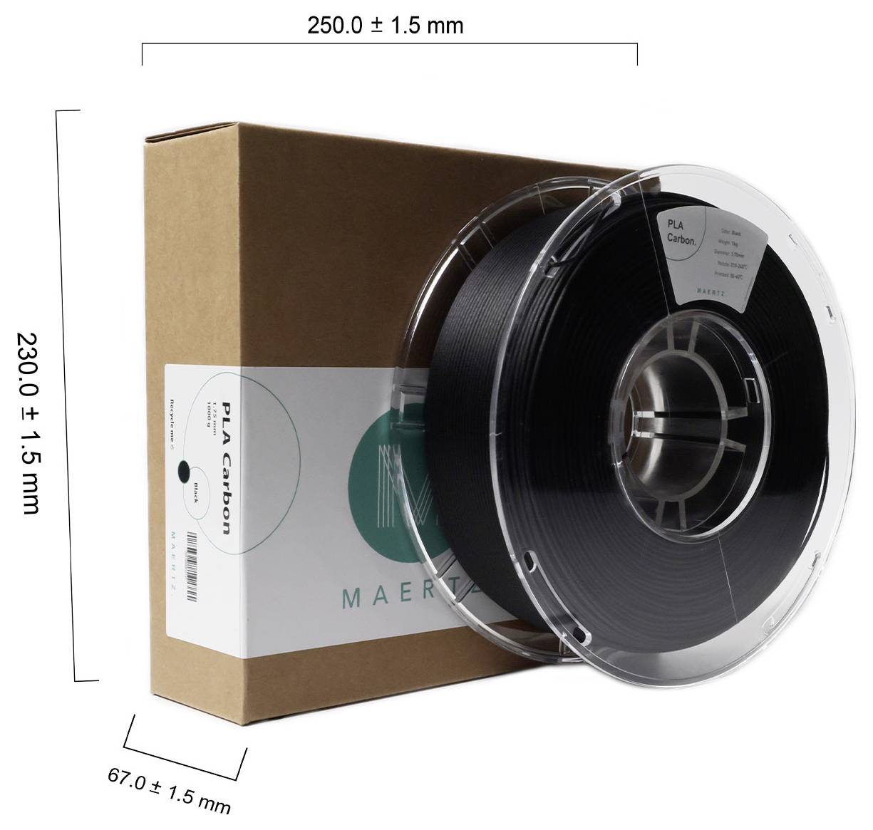 Spule aus schwarzem Filament mit PLA Carbon-Beschriftung vor einer braunen Box. Maße der Verpackung: 250 x 230 x 67 mm.