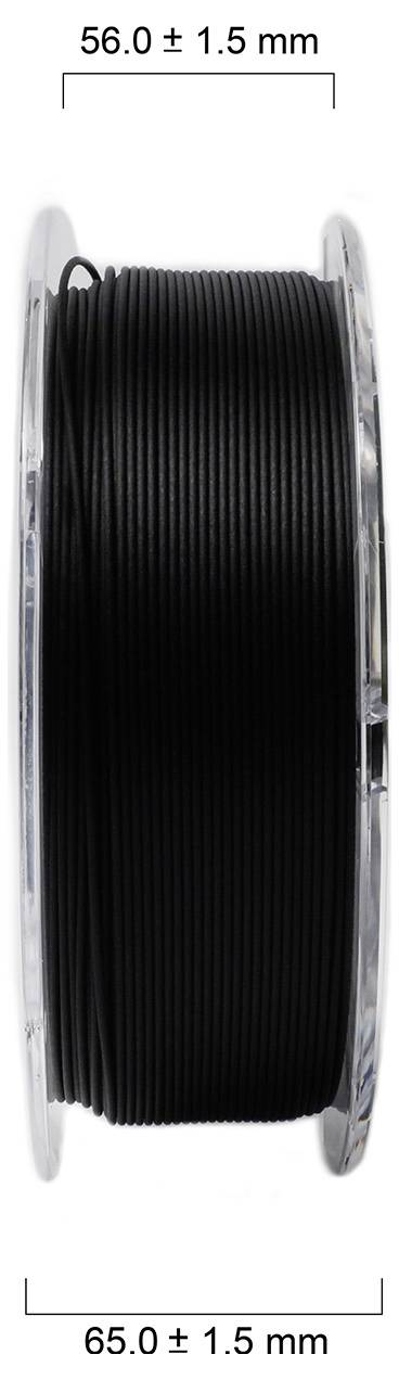 'Schwarze Kunststoffspule, 65 mm Durchmesser, 56 mm Breite ± 1,5 mm, auf transparenter Rolle.'