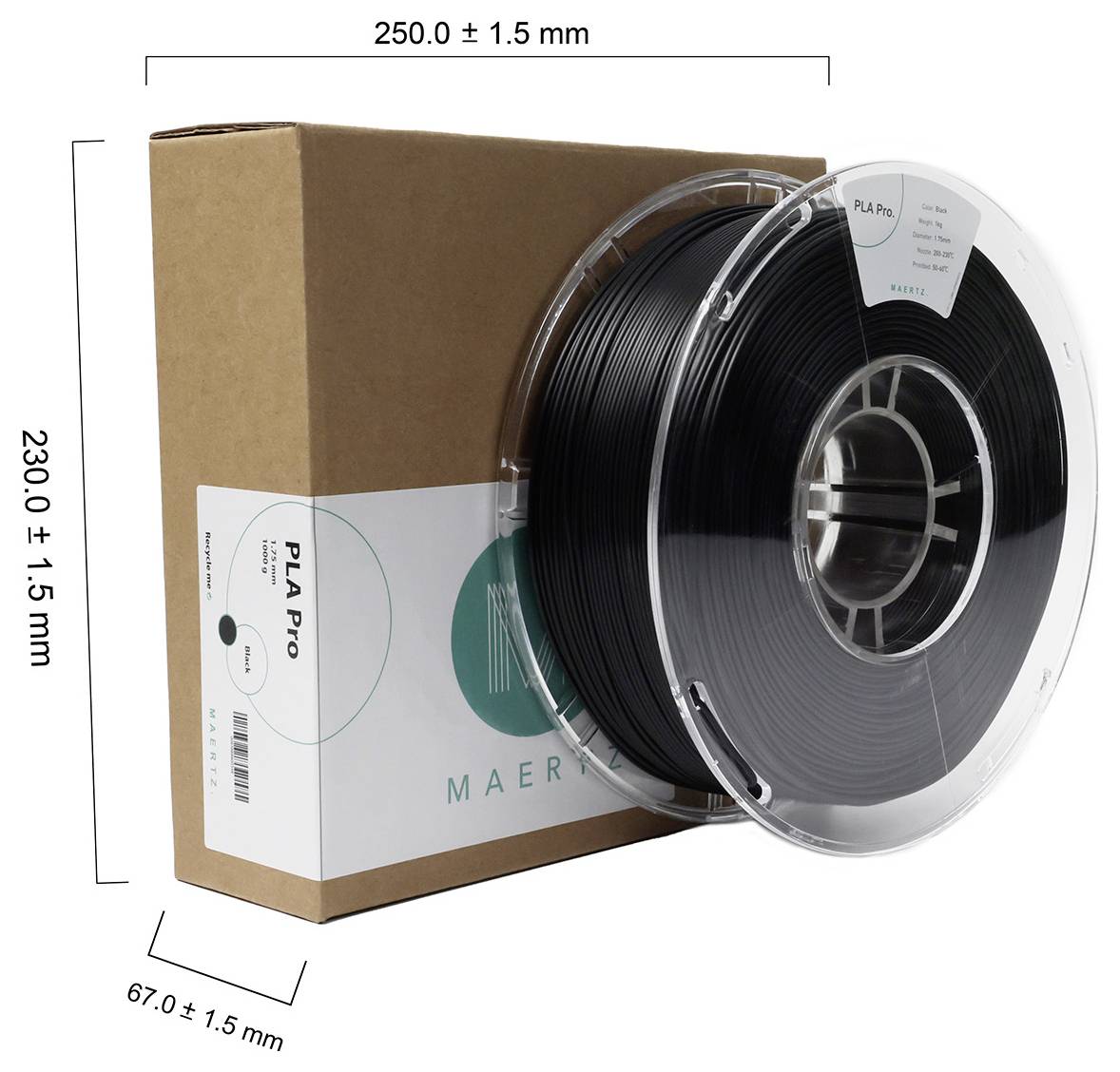 Eine Rolle schwarzes PLA-Filament neben einer Verpackung. Auf der Verpackung steht 'PLA Pro'. Maße: 250x230x67 mm.