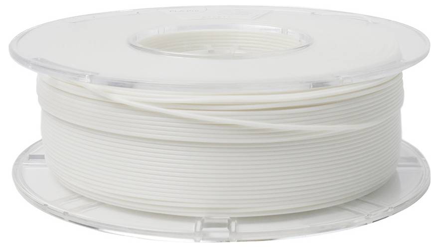 Eine Spule mit weißem 3D-Druckerfilament in Nahaufnahme. Das Filament ist sauber aufgewickelt auf einer durchsichtigen Kunststoffspule.