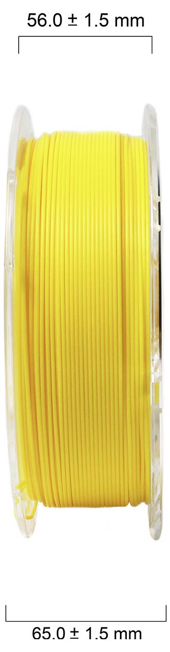 Gelbe Filamentspule für 3D-Drucker, auf transparentem Kunststoffträger, Abmessungen: Durchmesser 56,0 ± 1,5 mm, Breite 65,0 ± 1,5 mm.