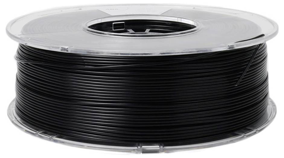 Eine Spule mit schwarzem 3D-Druckfilament aus Kunststoff, bereit zur Verwendung in einem 3D-Drucker.