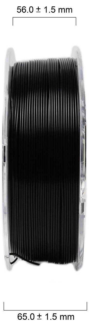 Schwarze Filamentspule mit Abmessungen: Durchmesser 56,0 ± 1,5 mm, Breite 65,0 ± 1,5 mm.