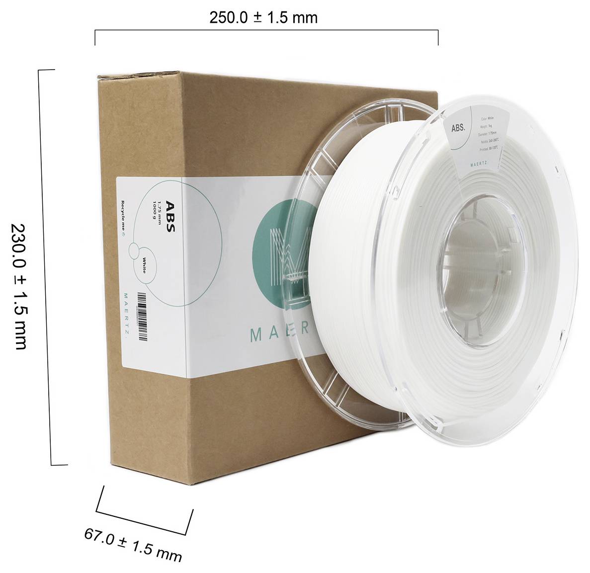 Eine Spule weißen ABS-Filaments neben einer braunen Verpackungsbox. Maße: 250,0 x 230,0 x 67,0 mm.