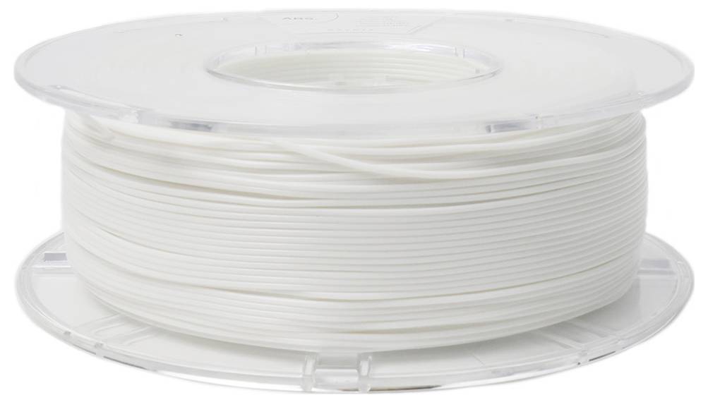 Eine klare Spule mit weißem 3D-Druckerfilament, sauber aufgerollt und bereit zur Verwendung.