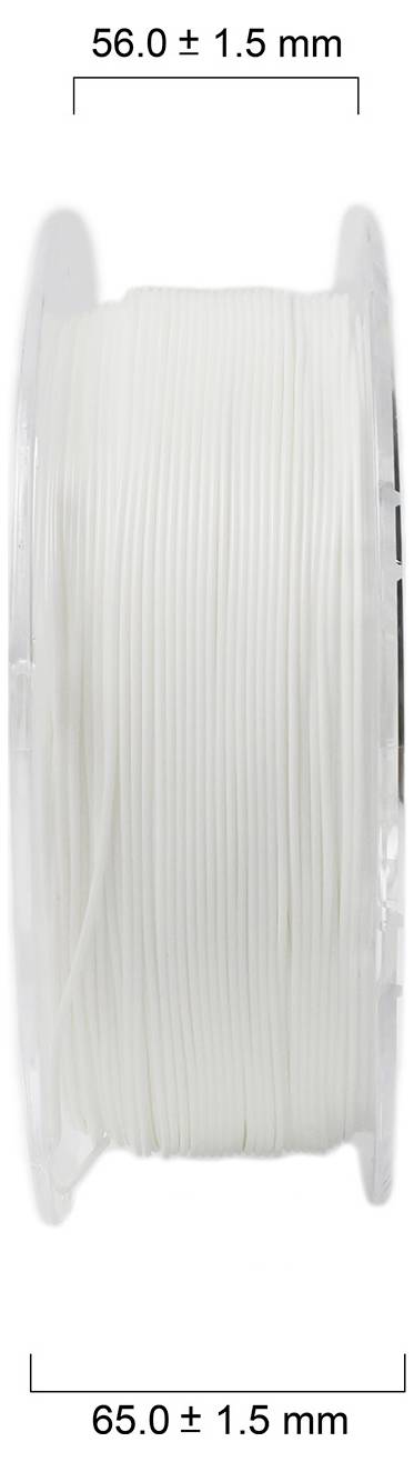 Seitliche Ansicht einer Kunststoffspule, weißes Filament gewickelt. Durchmesser: 65 mm ± 1,5 mm, Breite: 56 mm ± 1,5 mm.