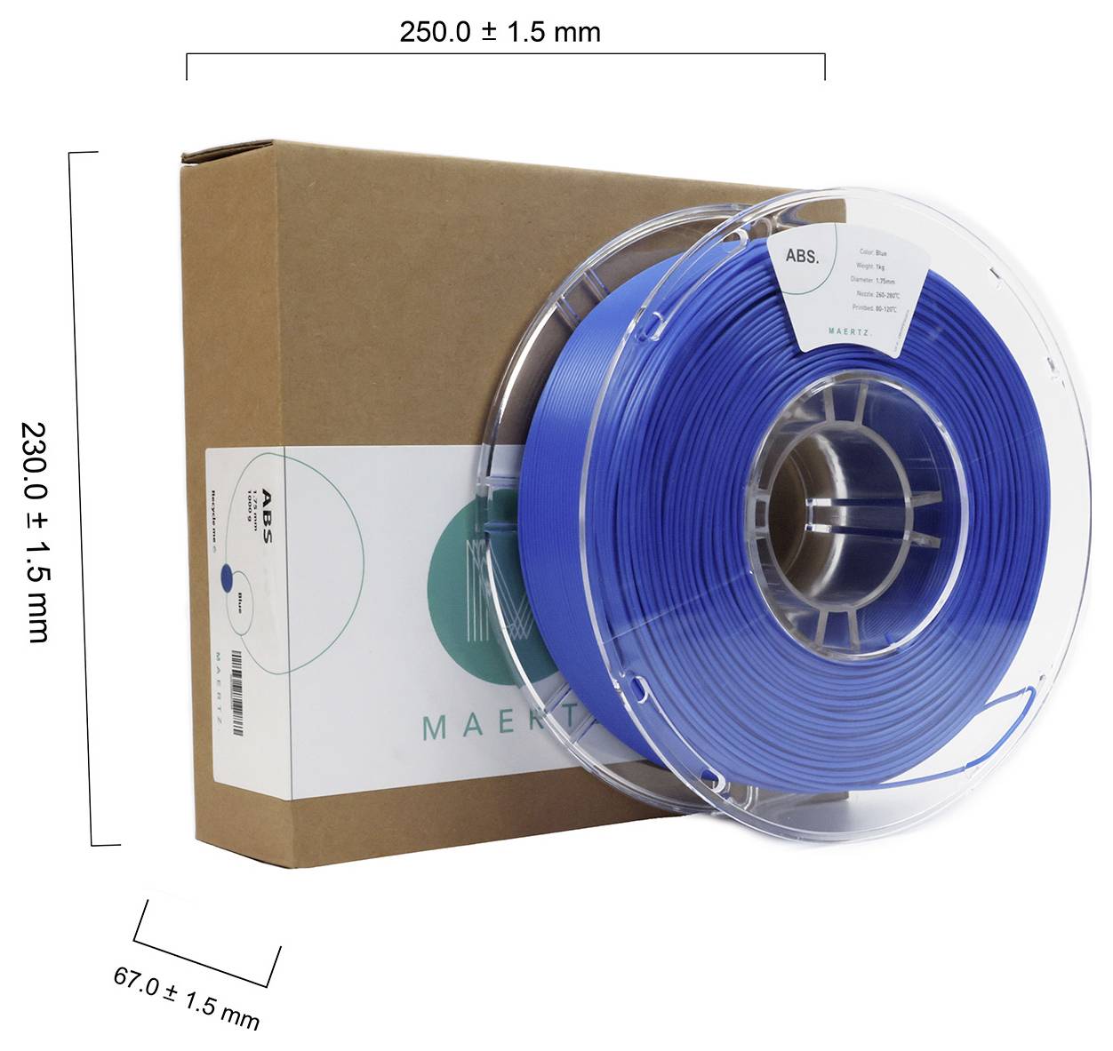 Eine Rolle blaues ABS-Filament für 3D-Drucker, aufgerollt in einer transparenten Spule, daneben eine braune Verpackung. Maße: 250x67x230 mm.